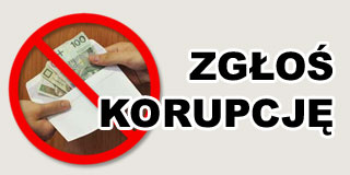 Napis: Zgłoś korupcję oraz grafika przedstawiająca znak zakazu wewnątrz którego zdjęcie przedstawiające wręczanie banknotów w kopercie z ręki do ręki.