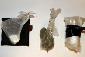 Na zdjęciu od lewej widoczny biała substancja w foliowym woreczku, następnie zielono - brunatny susz w foliowym woreczku, a także związany foliowy woreczek.