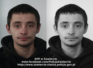 Na zdjęciu widoczny w kolorze i odcieniach szarości wizerunek poszukiwanego mężczyzny. Na dole widoczne napisy: KPP w Zawierciu, www.facebook.com/PolicjaZawiercie, http://www.zawiercie.slaska.policja.gov.pl