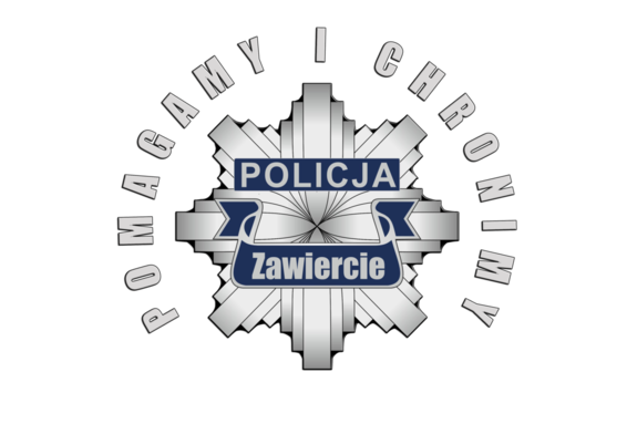 Grafika przedstawiająca policyjną gwiazdę oraz napis: Pomagamy i chronimy. Zawiercie.